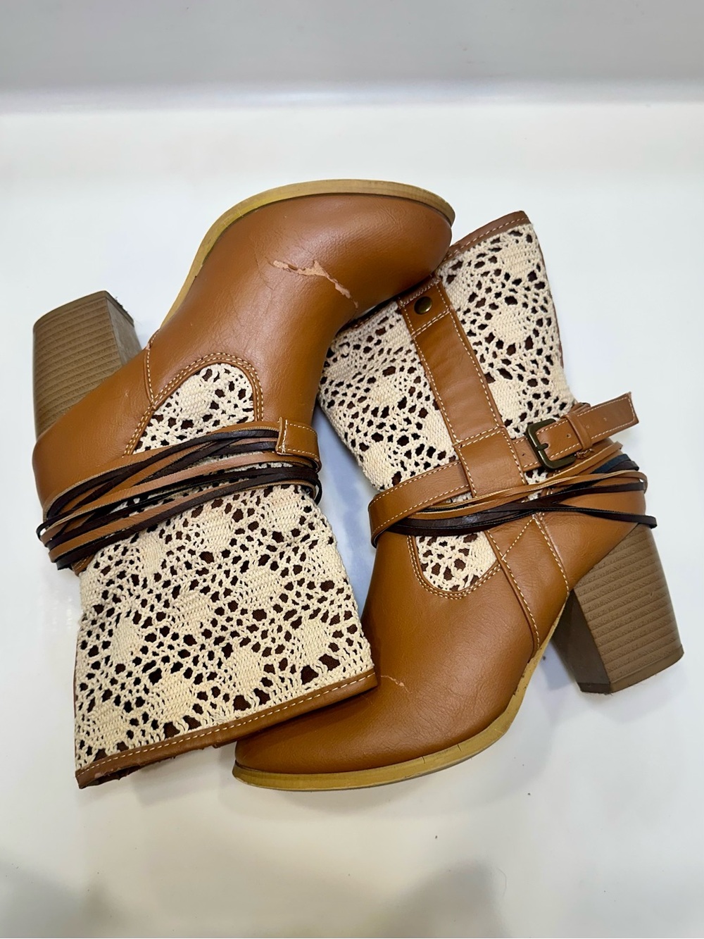 Francesca's Collections Tan and Cream Crochet Block Heel Ankle Boots